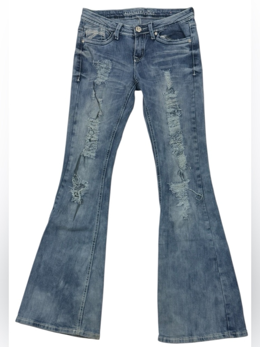 Almost Famous Low Rise Flare Jeans Sz3 Y2K Distressed Bell Bottom